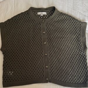 LOFT Olive Green Open-Knit Sleeveless Button Cardigan